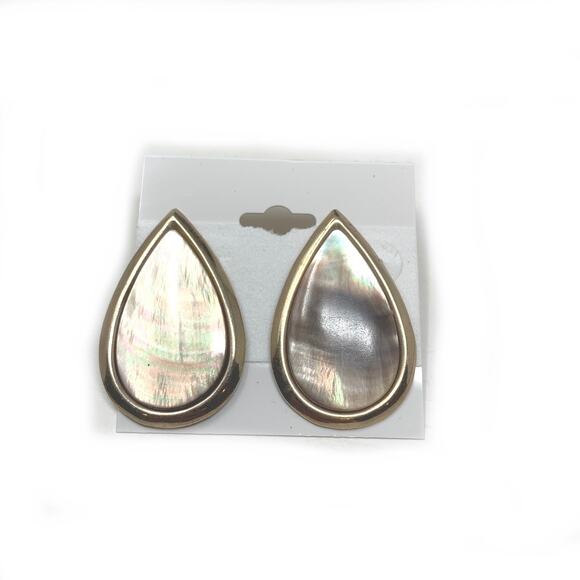 Vintage 1980s Gold Tone Abalone Teardrop Pierced Earrings Modernist Oversized - Picture 5 of 5